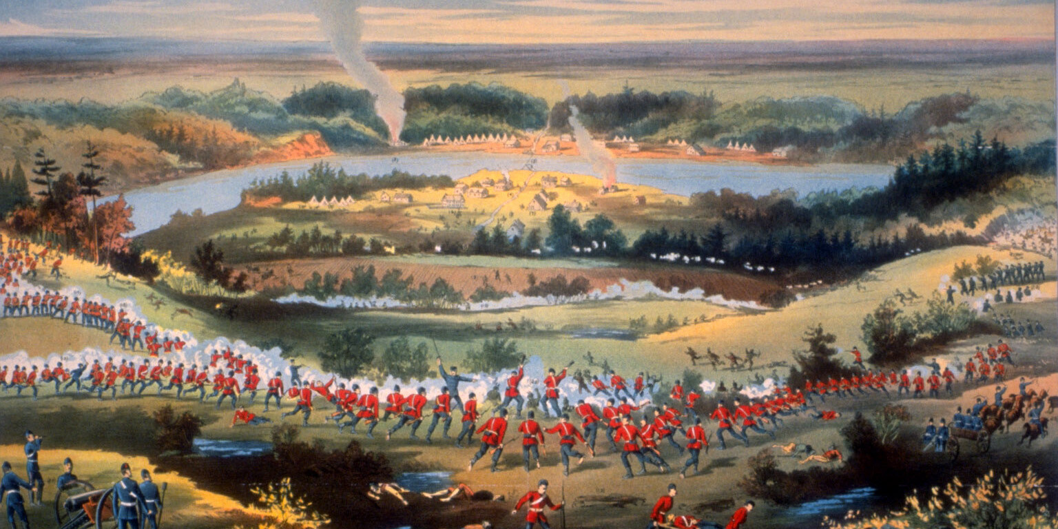 Print of the Battle of Batoche during the North-West Rebellion, based on sketches by Sergeant Grundy and others, Public domain, via Wikimedia Commons.