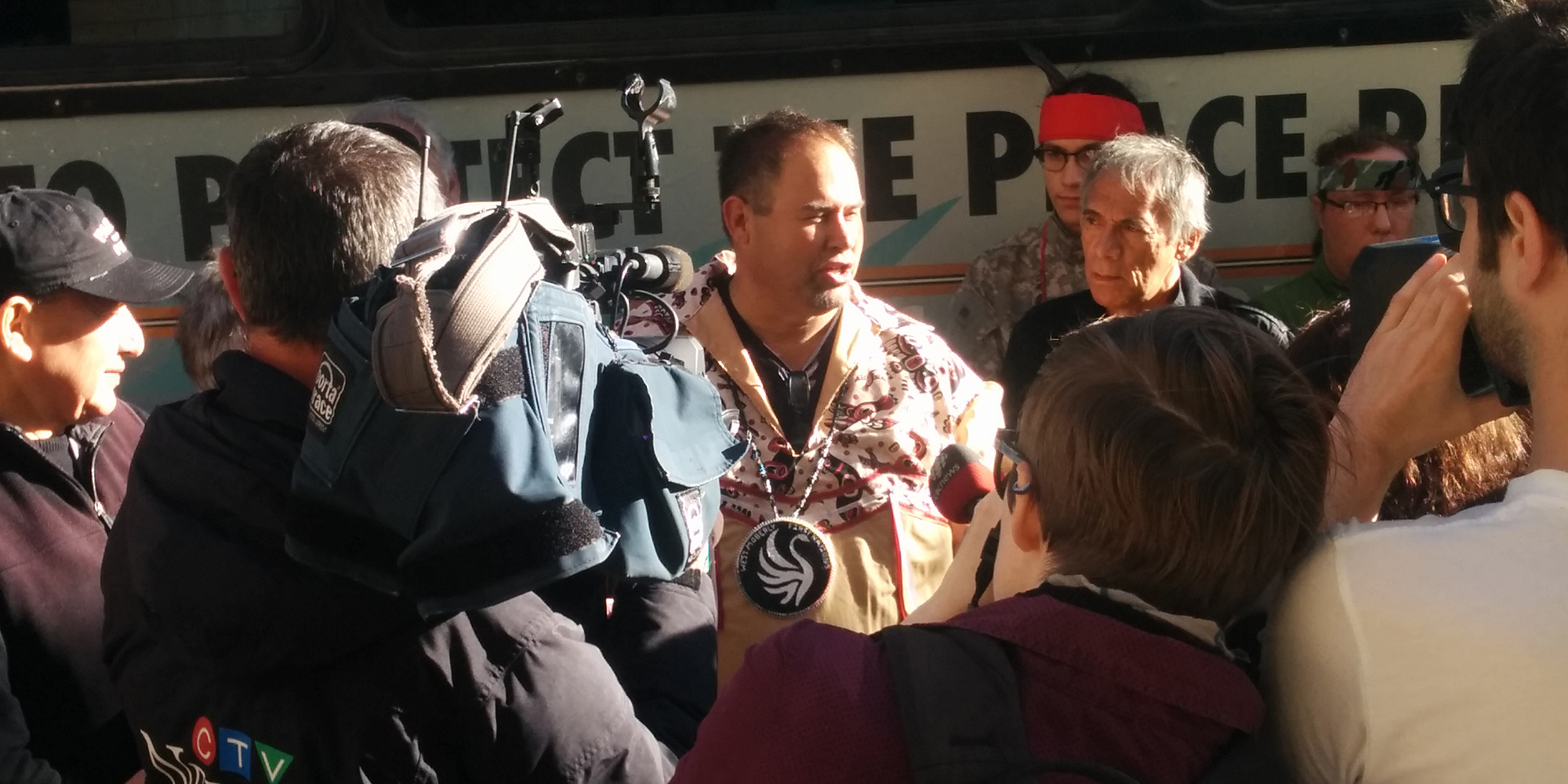 Chief Roland Willson, chief of the West Moberly First Nation, addresses reporters outside the courthouse. Photo: Leadnow Canada, Flickr.