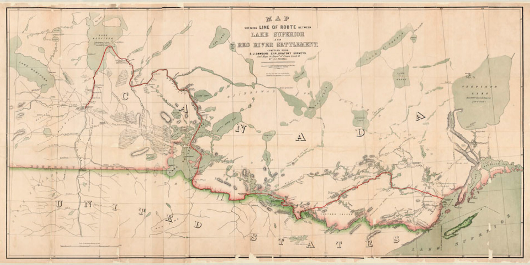 Map showing lines of route between Lake Superior and Red River Settlement, 1870. Photo: Library and Archives Canada, 4156084.