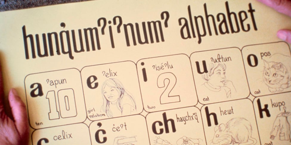 Hun¿qum¿i¿num¿ alphabet poster, a dialect of Halkomelem, Coast Salish. Photo: George Mully / George Mully fonds / Library and Archives Canada.